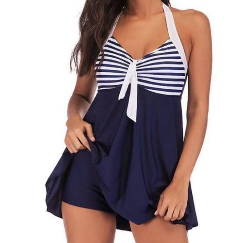 Women's Blue Floral Print Tankini Set Halter V Neck Two Piece Modest Swimsuit with Shorts