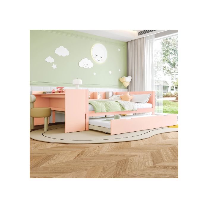 Lit Double - MUVOE - 140x200cm - Bois Massif - Bureau Intégré - Rose