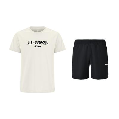 Li Ning Dynamic Letter Logo Classic Quick-Dry Loose T-Shirt Straight Leg Drawstring Versatile Shorts Casual Sports Set ATSV605-2+AKSU789-3