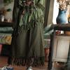 Retro Artistic Green Tassel Half Skirt - Cotton Linen with Color Blocking & Double Layer Design