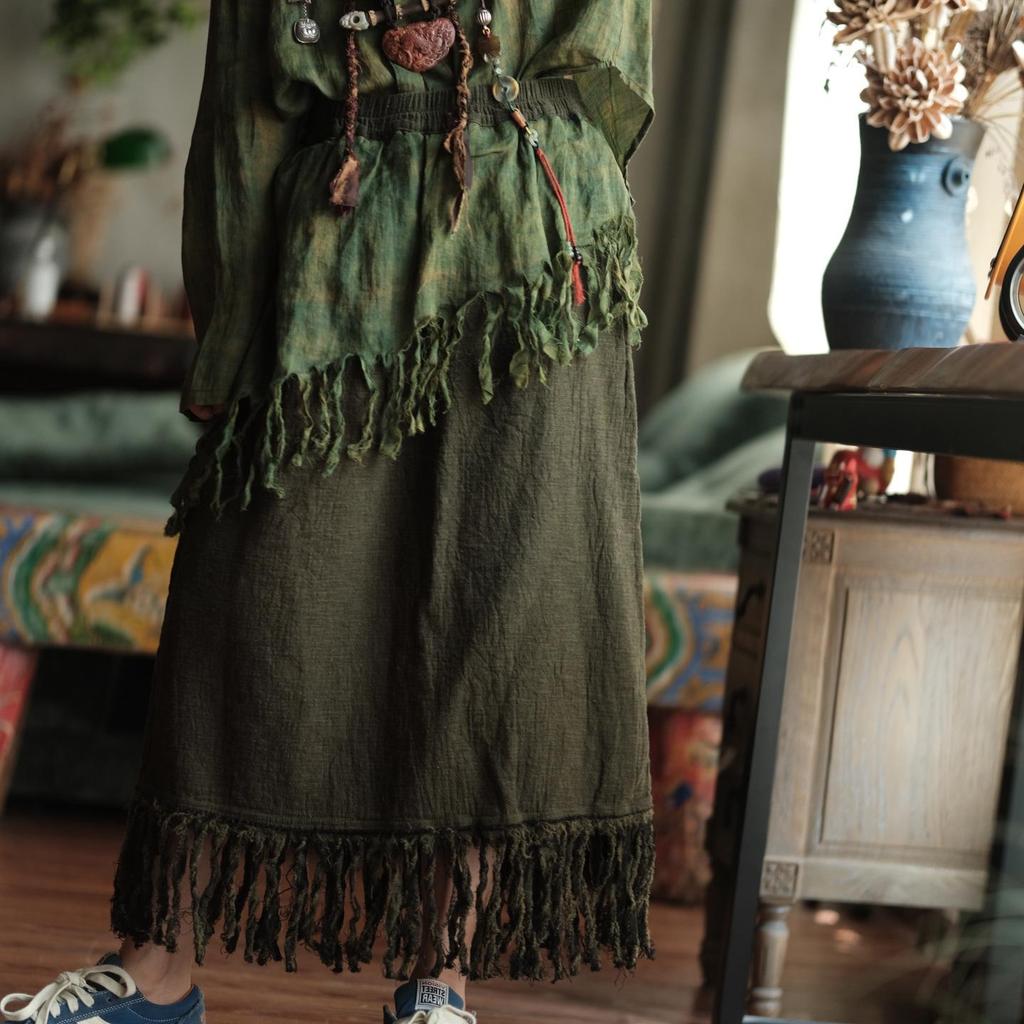 Retro Artistic Green Tassel Half Skirt - Cotton Linen with Color Blocking & Double Layer Design