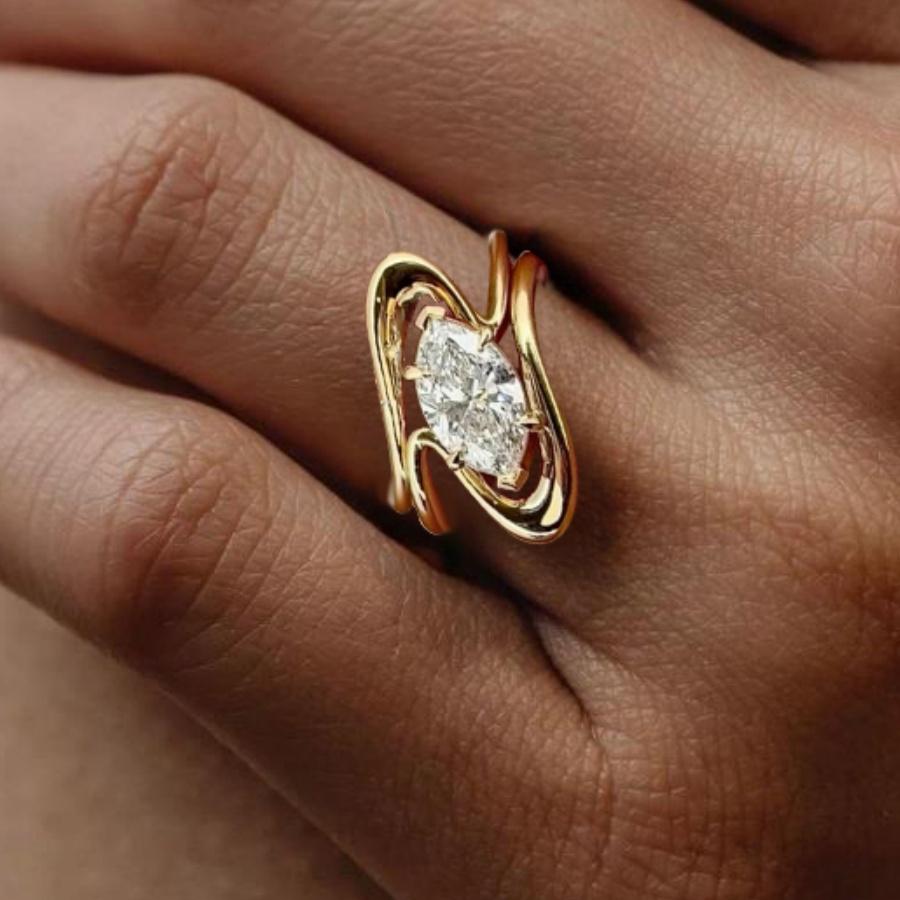 Elegant twisted zircon ring, elegant twisted horseshoe-shaped synthetic cubic zirconia ring for women, oval copper color gold jewelry 5
