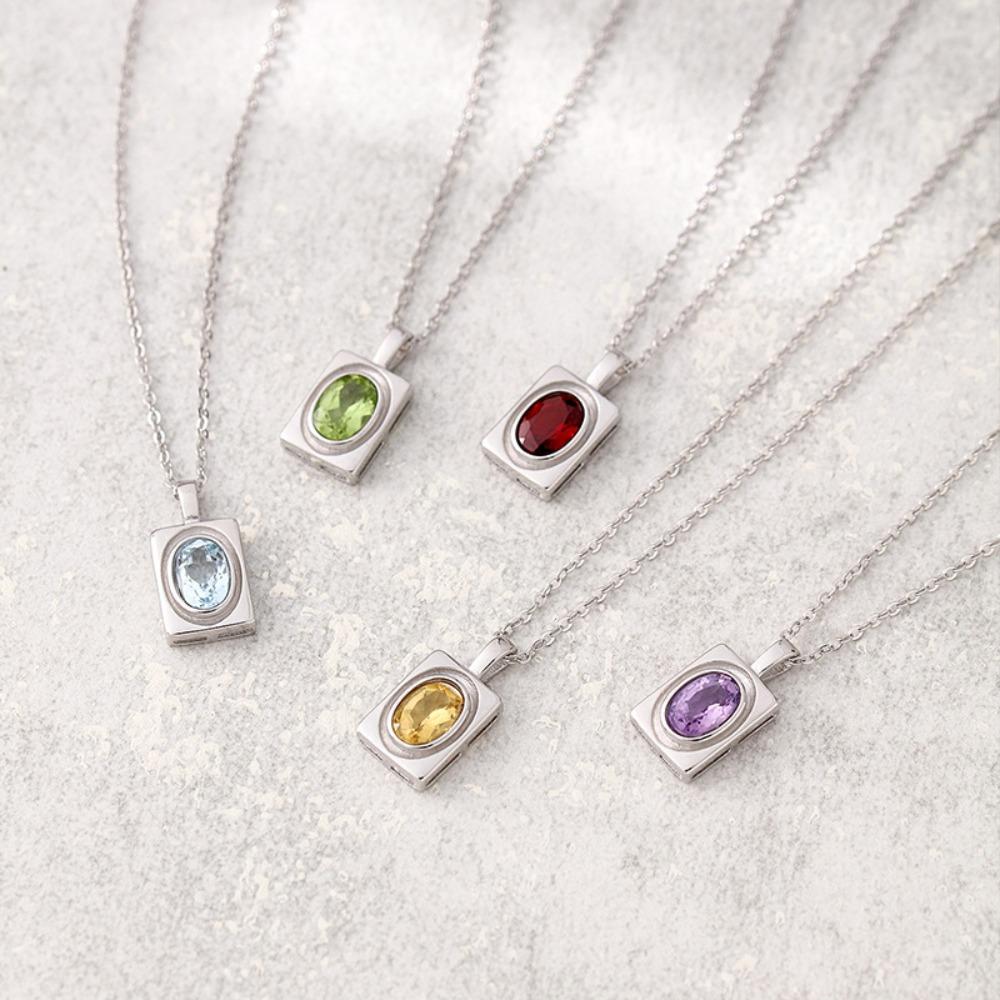 S925 Sterling Silver Necklace Women's Oval Natural Citrine Amethyst Pendant Garnet Peridot Clavicle Chain
