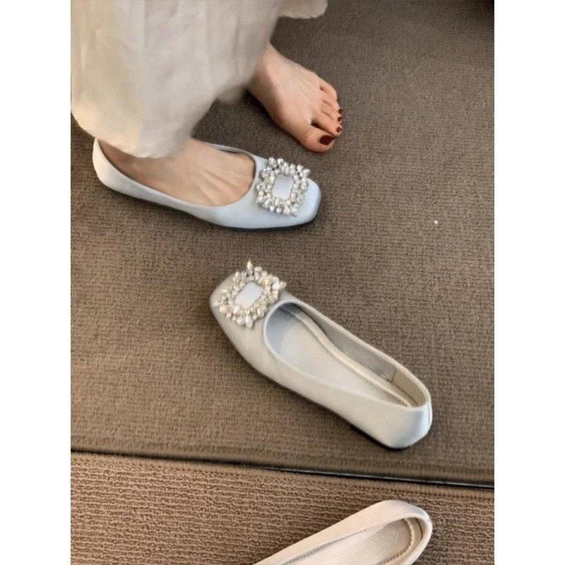 Satin Rhinestone Square Buckle Mary Jane Spring and Autumn Square Head Grandma Shoes Single Shoes Women's Flat Beanie Shoes Ladyshoes