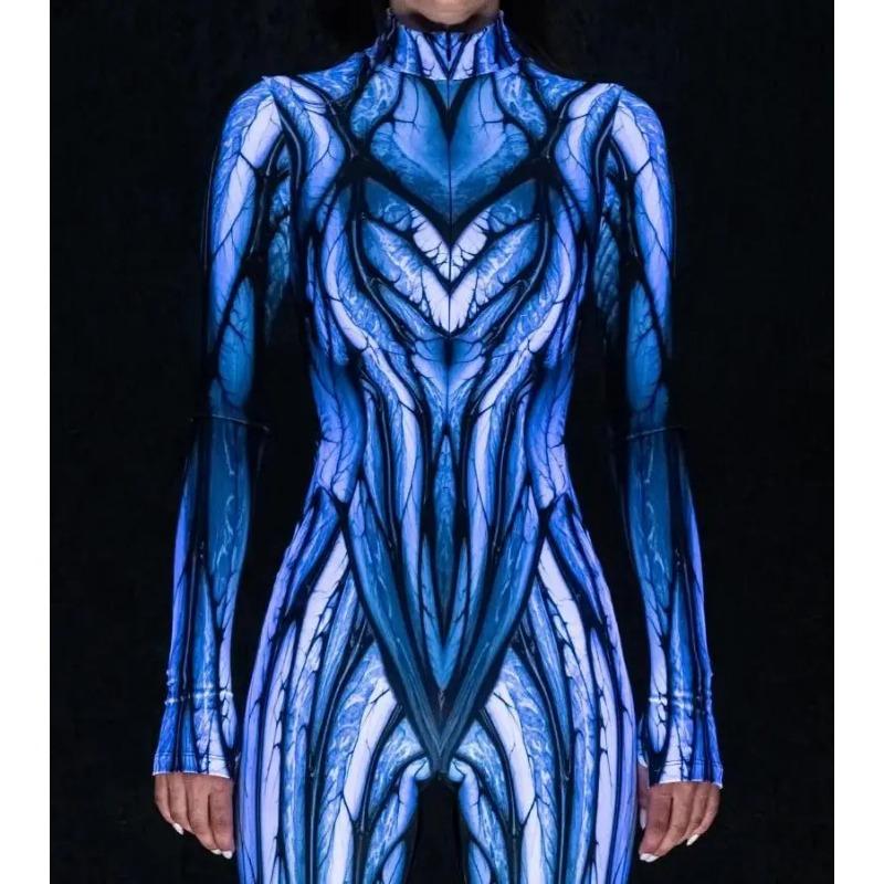 Damski Halloweenowy Kombinezon Body z Długim Rękawem z Nadrukiem Cyfrowym Slim Kostium Cosplay