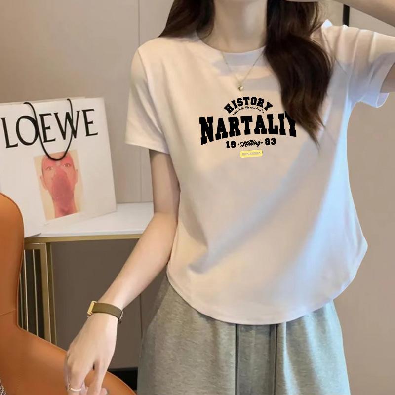 

American shoulder pure cotton women s short-sleeved t-shirt women s 2025 summer new thin belly-covering curved hem top M