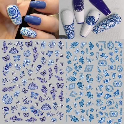 1 Sheet Retro Blue and White Porcelain 3D Nail Stickers Decals Waterproof DIY Nail Art Decoration