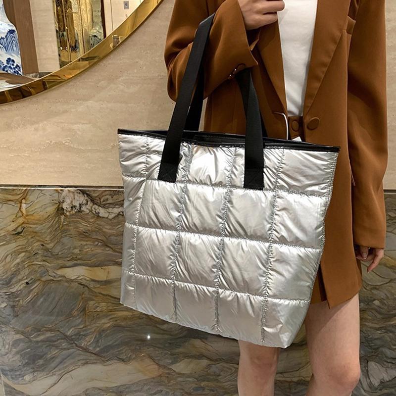 Ladies Tote Handbags Large Capacity Cotton Padded Shopping Bag Rhombus Portable Handbag Quilted Solid For Leisure Travel