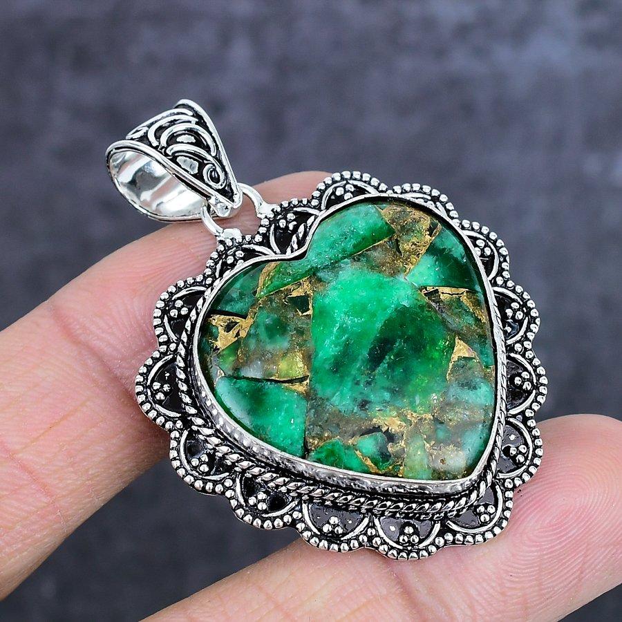 Natural Copper Emerald Gemstone 925 Sterling Silver Jewelry Pendant 1.97" ETC-14017