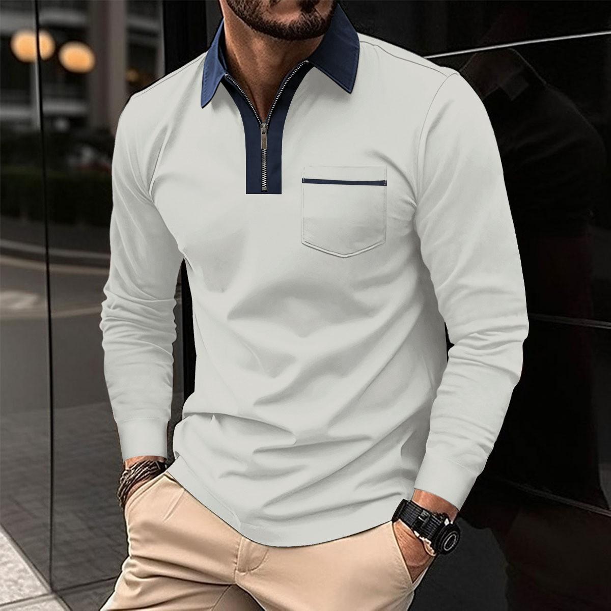 Autumn Men s Fashion New Zipper Color Matching Chest Pocket Long-sleeved Polo Shirt S