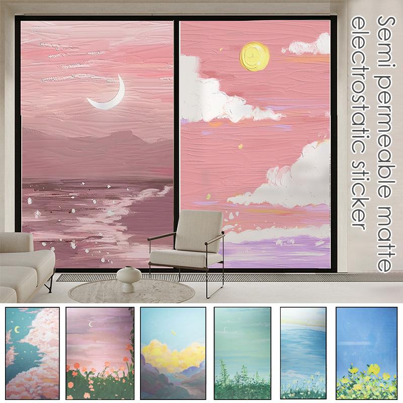 Pastorale Style Oil Painting Window Film Small Fresh Plants Glass Sticker Privacy Protection Static Stained Glass Films Decor