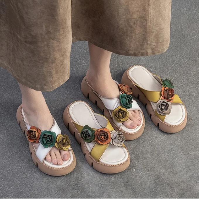 Johnature Handmade Flower Retro Women's Peep Toe Shoes Lightweight Thick Soled Genuine Leather Outdoor Slippers