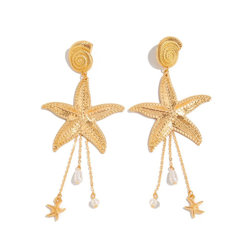 

Long Tassel Imitation Pearl Earrings Gold Starfish Earrings Tassel Drop Earrings Vacation Wear Style 2
