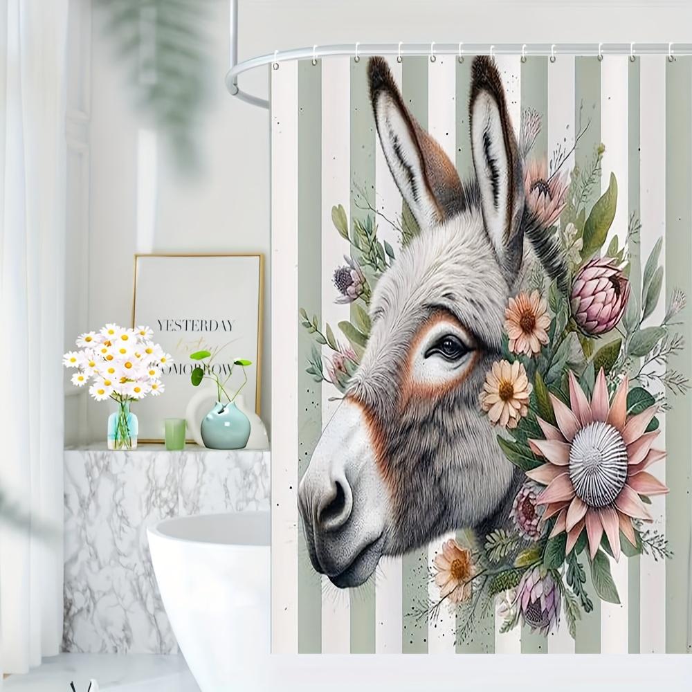 

Donkey Floral Shower Curtain Animal Art Boho Style Watercolor Design Waterproof Fabric Rustic Bathroom Decor W60H190(CM)-1 Pcs