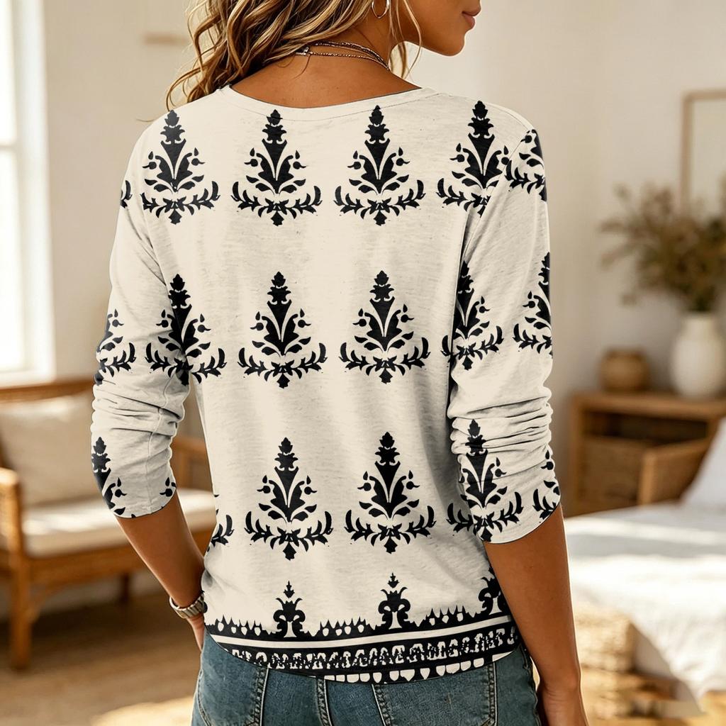 Damen V-Ausschnitt Bohemian Print Top Lässige Langarmbluse Leicht Locker Geschnittenes Hemd für den Alltag