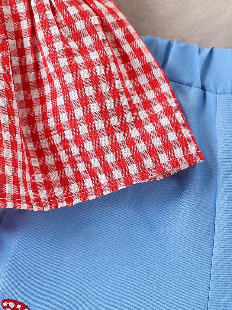 Summer Baby Girl Checkered Lace Trimmed Short Sleeve Two Piece Set with Bow and Mushroom Embroidery
