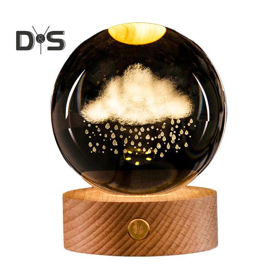 3D Clear Ball Light Faux Crystal Ball Night Light with Wooden Base USB Powered Night Lamp for Bedroom Living Room Decor
