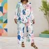 Women Plus Size Round Neck Long Sleeve Printed Layered Top Wide Leg Cropped Pants Two Piece Set