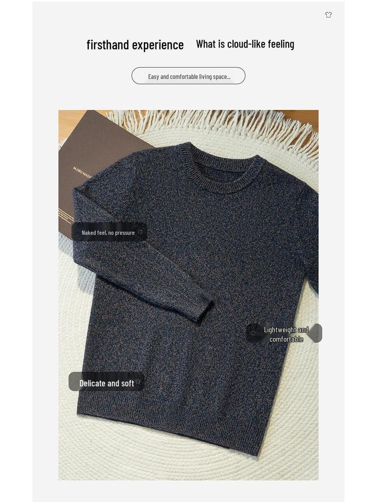 Men's Thickened Cashmere Sweater, 7-Gauge Knit, Round Neck, Plain, Autumn-Winter Base Layer.