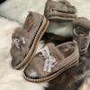 Women's Slip-On Winter Slippers with Rhinestone Bow Plush Faux Fur-Like Collar
