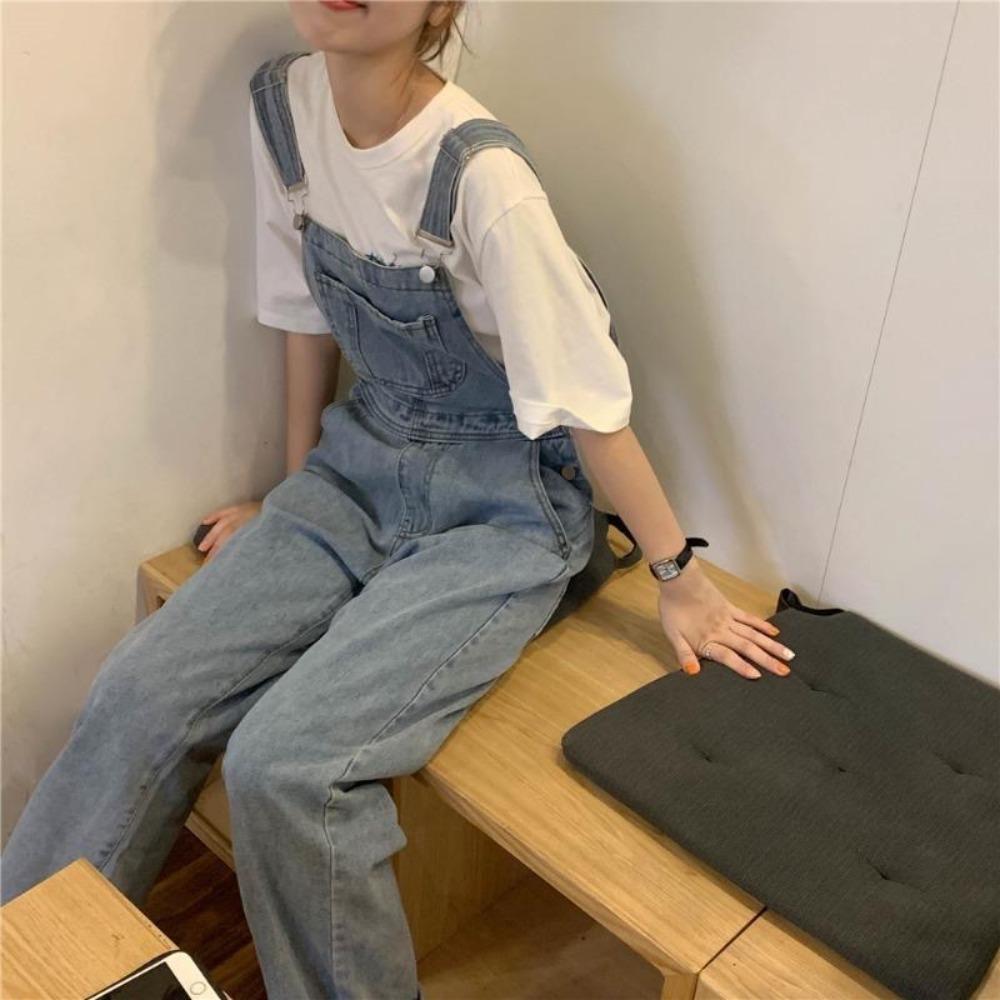 Women's Adjustable Strap Loose Wide Leg Denim Overalls Vintage No Stretch Long Bib Pants Casual Spring Summer Jumpsuit