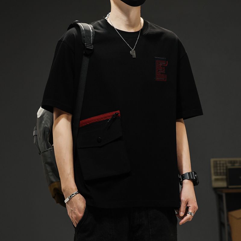 

Американские ретро-пуловеры свободного кроя с буквенным принтом, мужская одежда, вышивка, стильные карманы, вставки, летние повседневные футболки с круглым вырезом, базовые XXXL чёрный