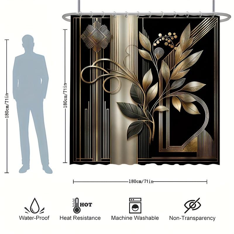 Golden Floral and Geometric Patterns Shower Curtain for an Elegant, Modern, and Luxurious Bathroom Decor Style