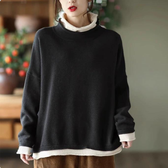 Plus Size Women's Autumn Winter Knitted Sweater Fake Two Piece Loose Turtleneck Pullovers Bottoming Shirt Casual Tops