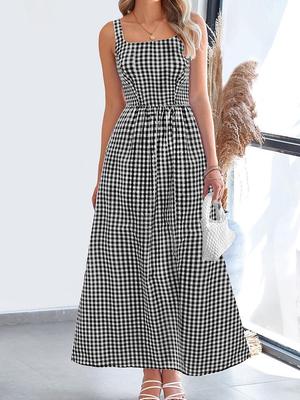 European & American Style Square Neck Plaid Shirred Dress - Fashionable Strappy Casual Women's Dress