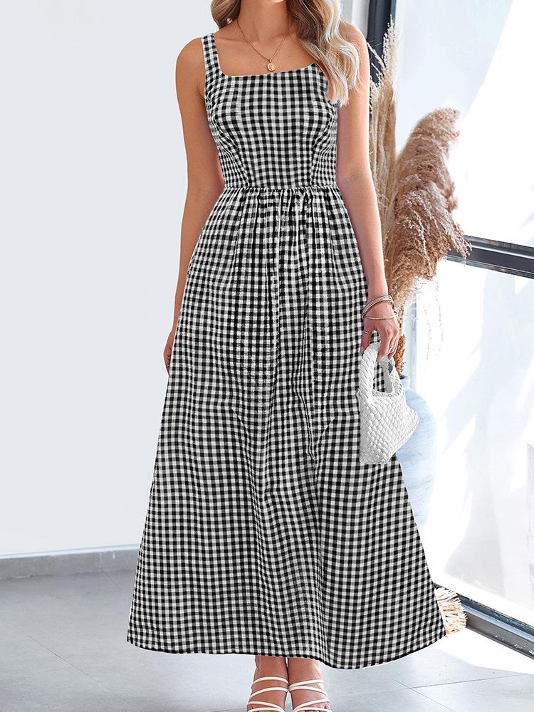 European & American Style Square Neck Plaid Shirred Dress - Fashionable Strappy Casual Women's Dress