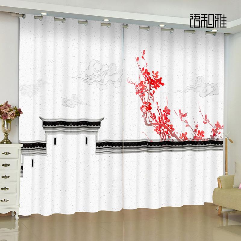 Custom Window Elegant Drape Chinese Ancient Wall Landscape Painting Living Area Balcony Semi Shade Sunscreen Curtain Cortinas 2panels