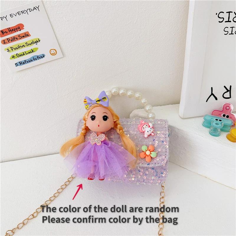 Cute Carto Doll Children's Shoulder Bags Fashi Pearl Handle Princess Girl Messenger Bag Sweet Novel Kid Change Purse Handbag