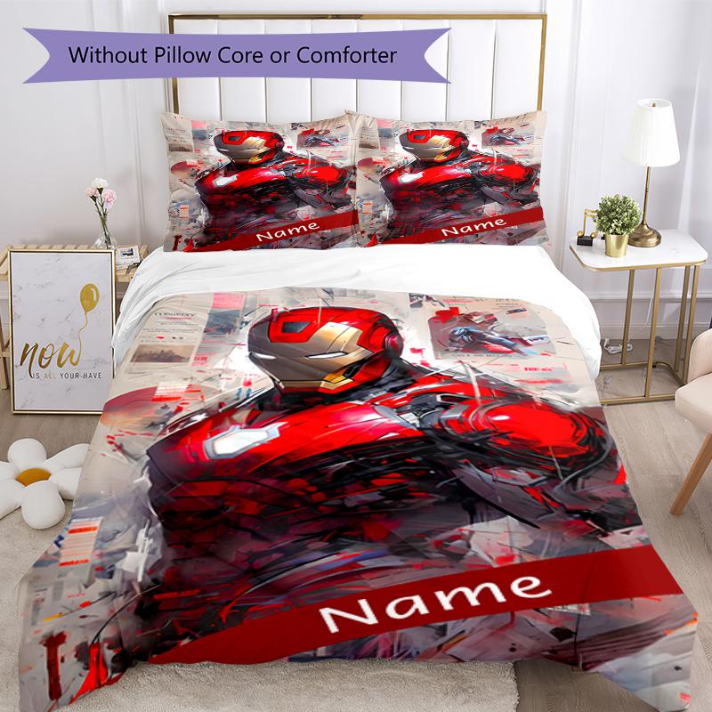 3pcs Custom Name Iron Man Bedding Set Duvet Cover Closure Includes 1 Duvet Cover & 2 Pillowcases, Soft and Comfortable for All Seasons.
