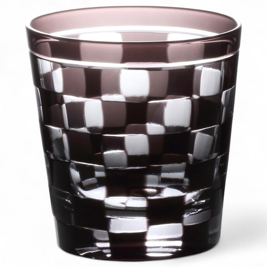 Mizukage Kiriko Rocks Glass Checkered Bisho J-kitchens Cup, 85xH90mm, 260cc, Purple, (Current Model)