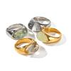 Trendy Natural Stone Green Stainless Steel Ring for Women Waterproof Golden Charm Jewelry France Metal Size 6 7 8