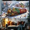 Glam Christmas Tapestry with Polar Express Train Snow Scene - Polyester Wall Hanging with Santa, Reindeer & Festive Decor, Squar