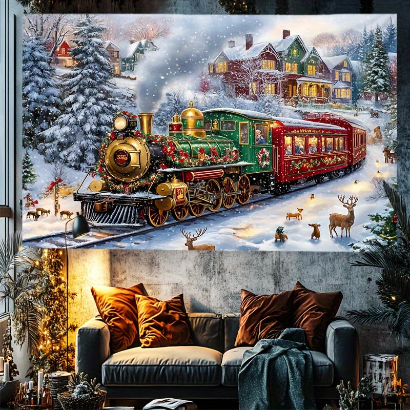Glam Christmas Tapestry with Polar Express Train Snow Scene - Polyester Wall Hanging with Santa, Reindeer & Festive Decor, Squar
