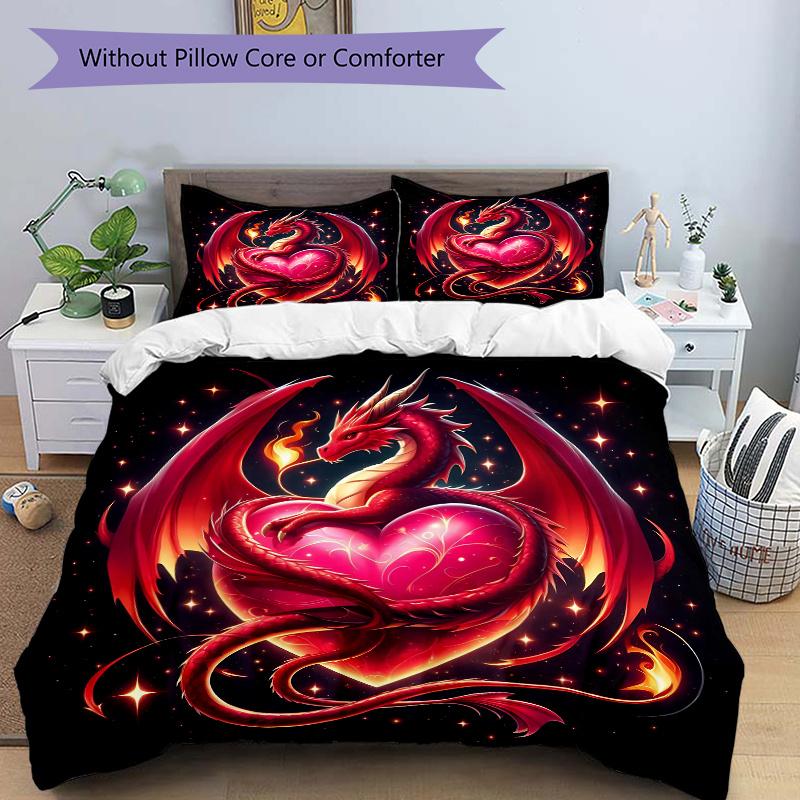 

3pcs Dragon Embracing a Heart Print Cover Set Ultra Soft, Breathable, and Comfortable Bedding with Stylish Design for Bedroom and Guest Room Deco 135x200cm