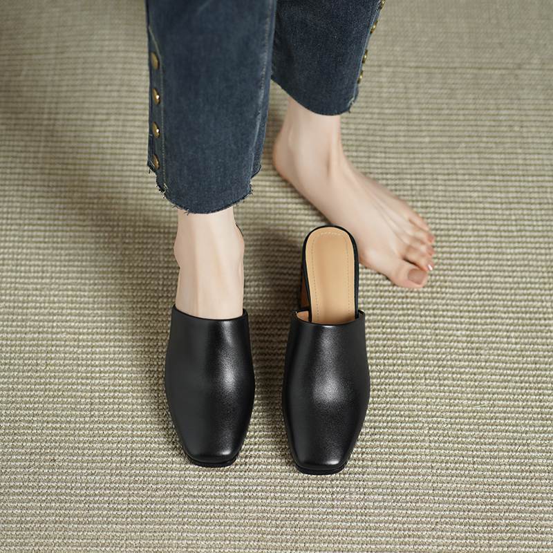 Krazing Pot Mules Cow Skin Basic Clothing Spring Summer Size 43 Size 42 Sandals Women Thick Heels Women Square Toe Slip On Pumps