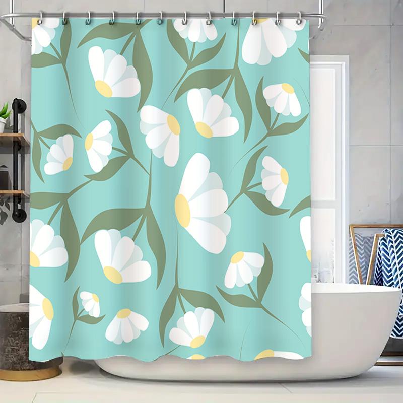 

White Floral Shower Curtain Green Blue White Flower Print For Bathroom Decoration Waterproof Shower Curtains With Rings (Large) W60H190(CM)-1 Pcs