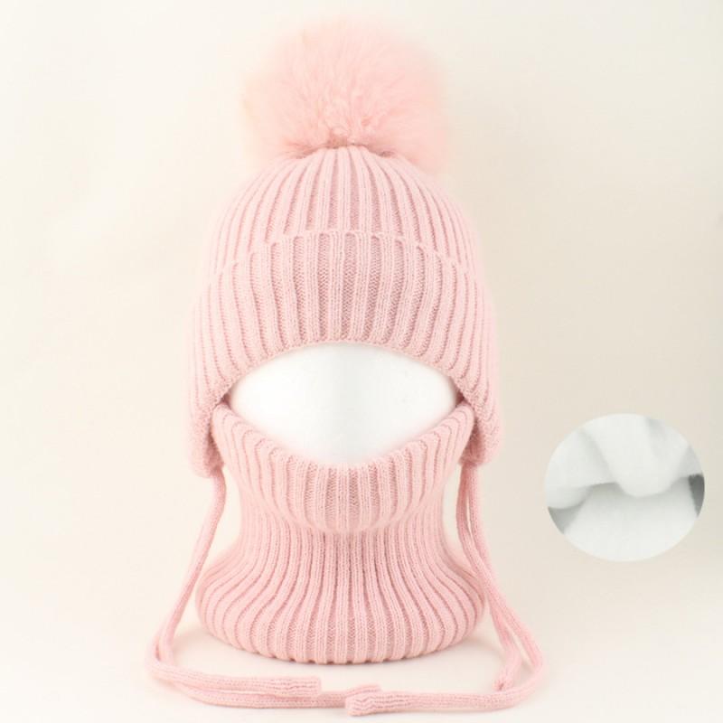Kids Warm Knitted Hat With Faux Raccoon Fur Pom Matching Scarf Set Winter Cap Boys Girls