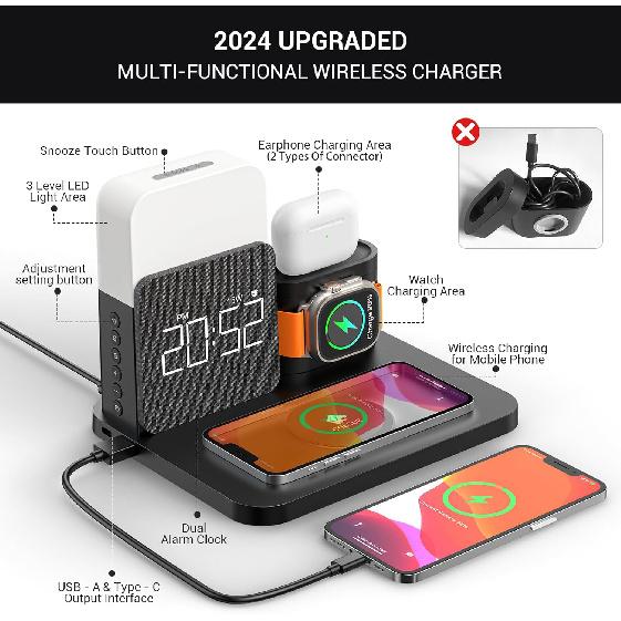 3 In 1 Charging Station for iPhone, Alarm Clock, Night Light, Wireless Charger for iPhone 15 14 13 12 11 X Pro Max & Apple Watch - Charging Stand