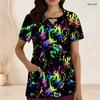 Women Plus Size Keyhole Neck Short Sleeve USA Flag Printed Nurse Scrub Top With Front Pockets