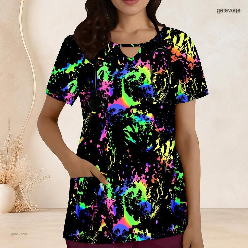 Women Plus Size Keyhole Neck Short Sleeve USA Flag Printed Nurse Scrub Top With Front Pockets