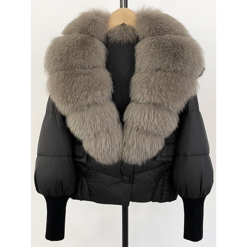 Womens Short Puffer Coat With Real Fox Fur Collar Winter Warm Down Jacket Loose Fit Small Stature