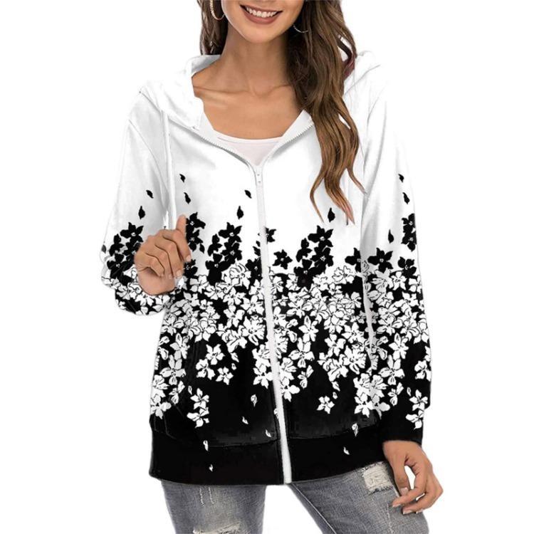 Loose Casual Women Hoodie Full Zip Long Sleeve Floral Print Jacket With Pockets