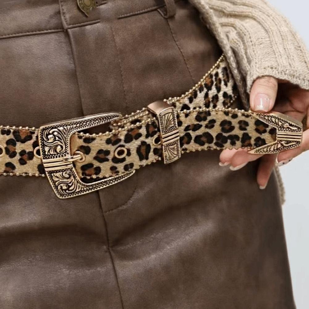 Zinc Zinc Alloy Carved Buckle Belt Y2K PU Vintage Waistband Leopard Print Belt  Clothing Accessories