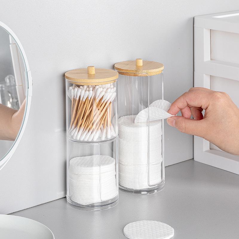 Dual Cotton Swab & Makeup Remover Storage Jar with Bamboo Lid - Transparent and Dustproof