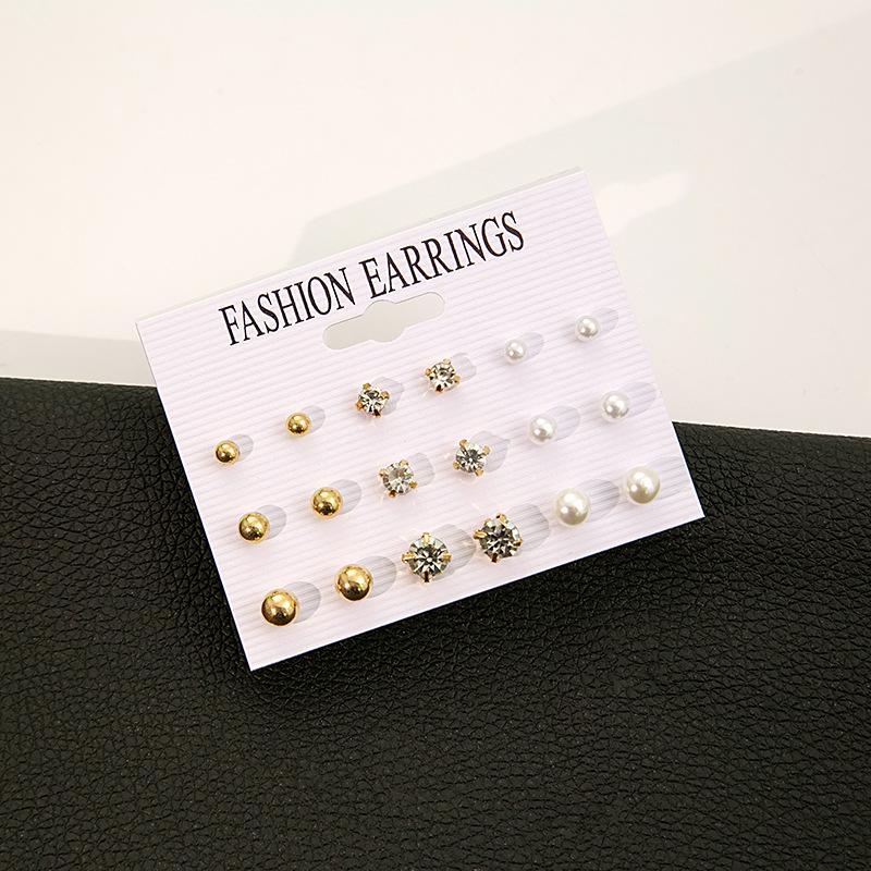 Yiwu, European and American simple cross-border pearl earrings, diamond round 9-piece stud earrings set mixed batch