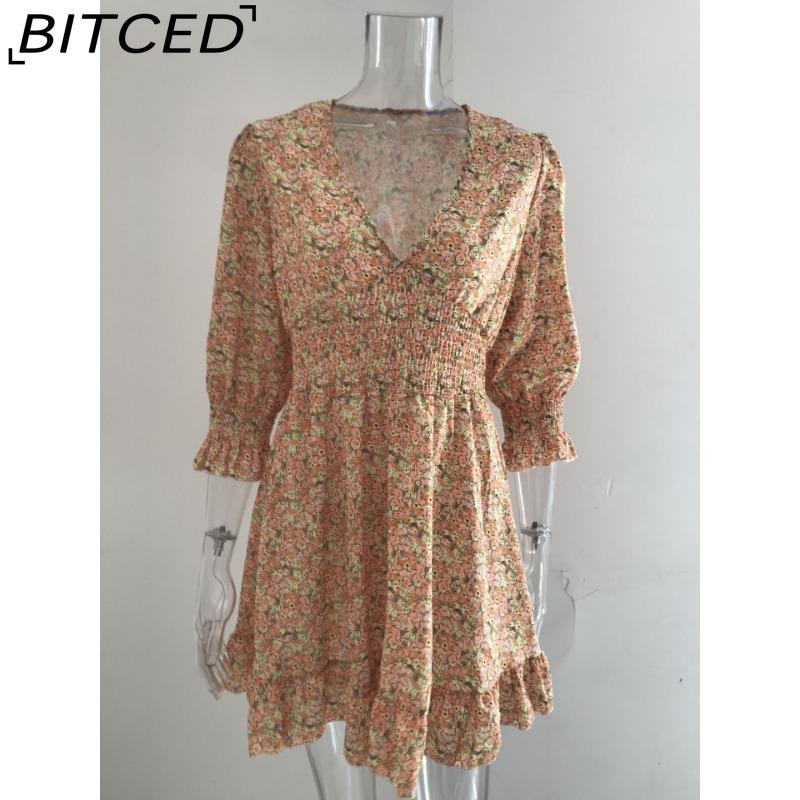 BITCED Summer Floral Print Mini Dresses Women Vintage Sexy A-Line V-Neck Half Sleeve Party Dress Female Casual Elegant Beach Dress